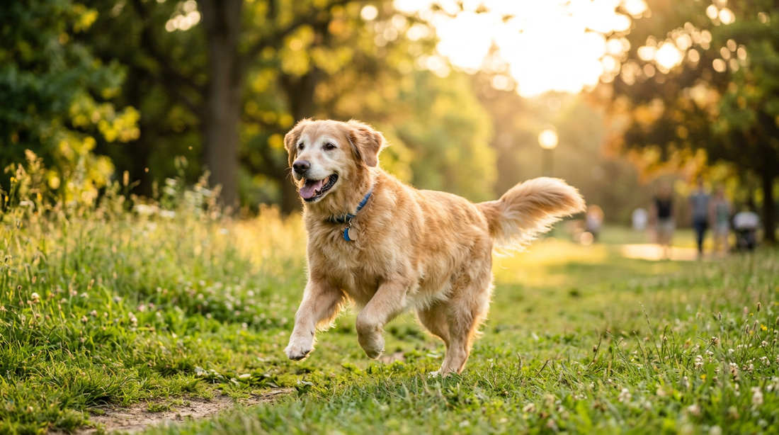 Happy senior golden retriever dog running freely in a sunny park