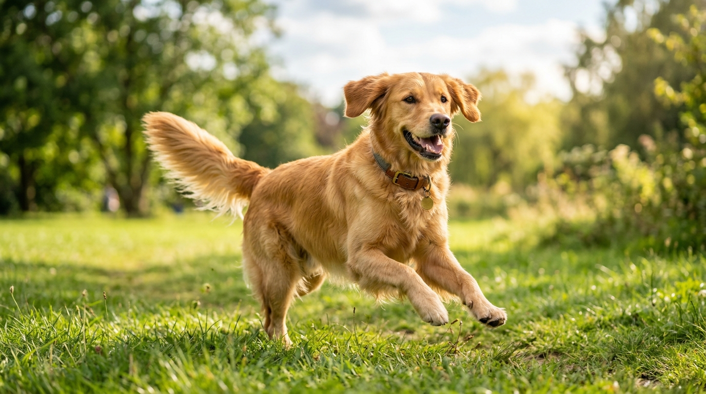 Happy golden retriever dog running in a sunny park — do dog joint supplements work?
