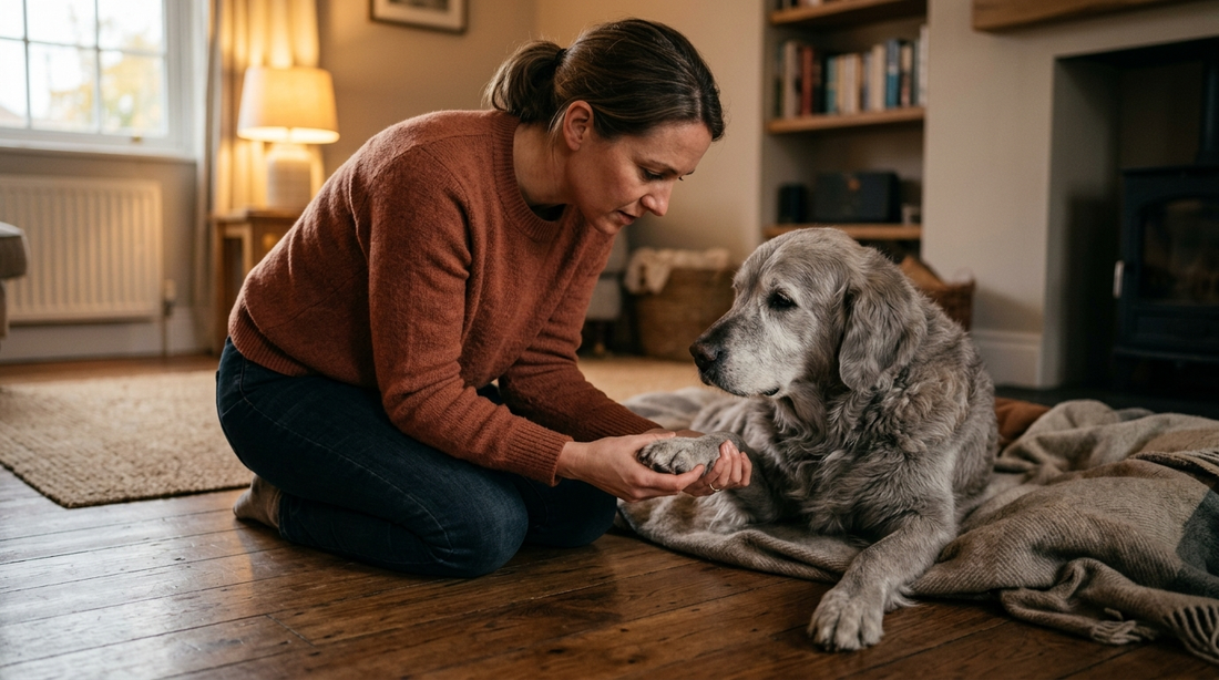 Dog owner examining their dog's leg for signs of joint pain