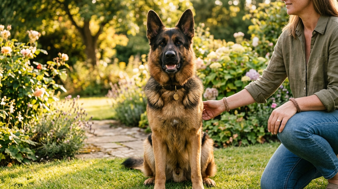 German Shepherd dog with owner outdoors — hip dysplasia in dogs guide