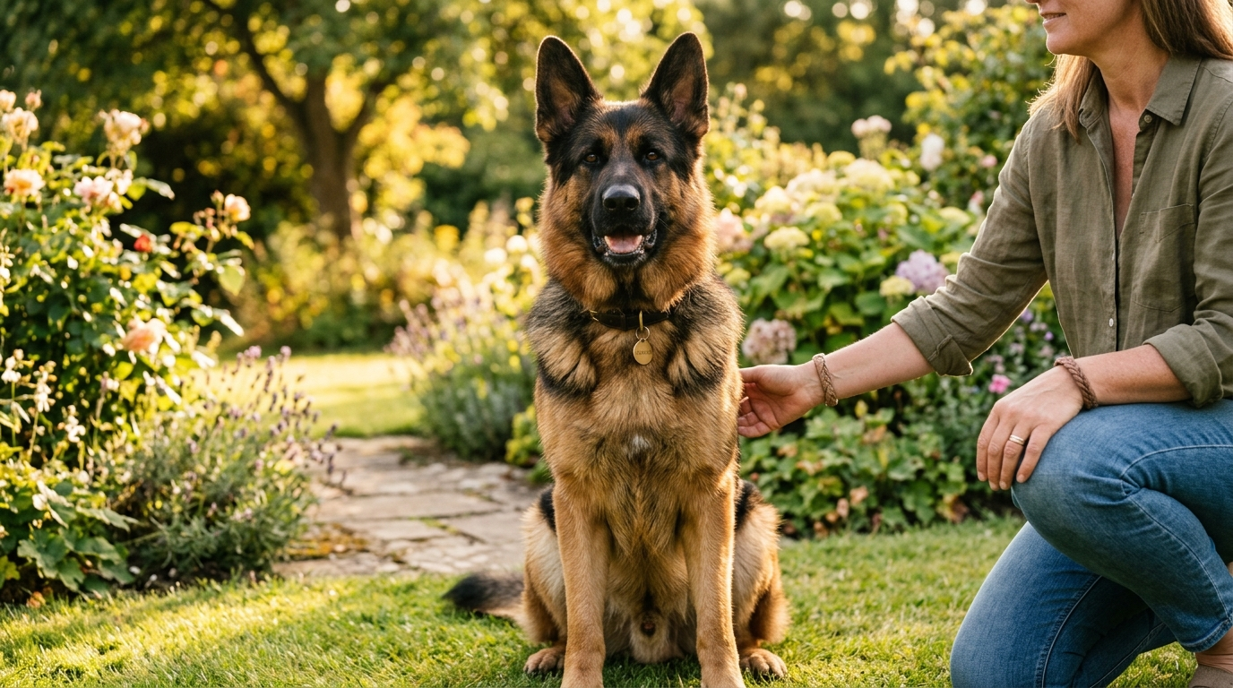 German Shepherd dog with owner outdoors — hip dysplasia in dogs guide