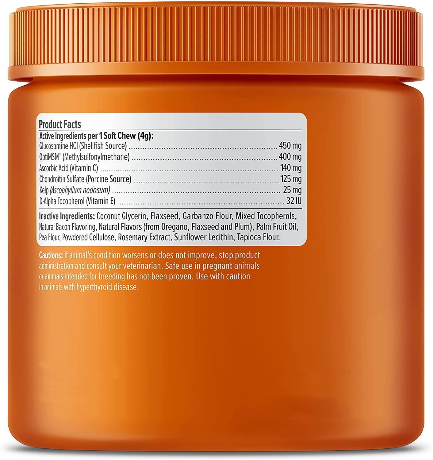 Ingredients label showing glucosamine chondroitin and OptiMSM per chew
